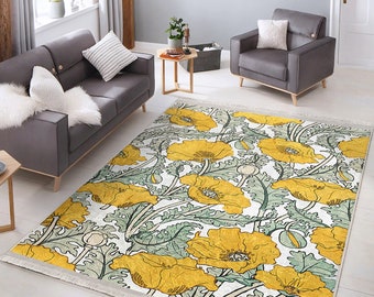 Flower Doodle Area Rug| Groene illustratiedeken| Poppy Antisliptapijt| Schetsmatige tuintapijt| Oranje machinewasbaar tapijt| Bloemen omzoomde loper