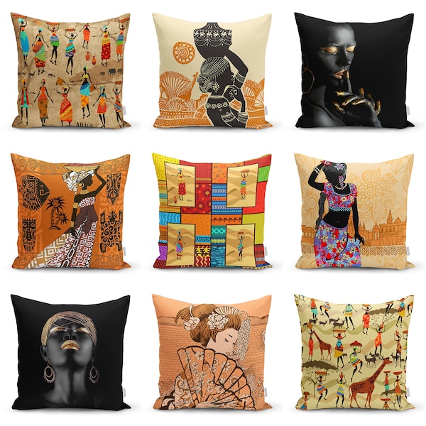 African Woman Ethnic Throw Pillow Covers|Rustic Decor Cushion Cover|Brown Black Woman Pillowcase|Black Safari Home Decorative Pillow Shams