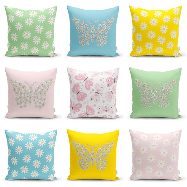 Butterfly Daisy Throw Pillow Covers|Vivid Decor Cushion Cover|Blue Pastel Pillowcase|Yellow Prairie Home Pillow Top|Home Decorative