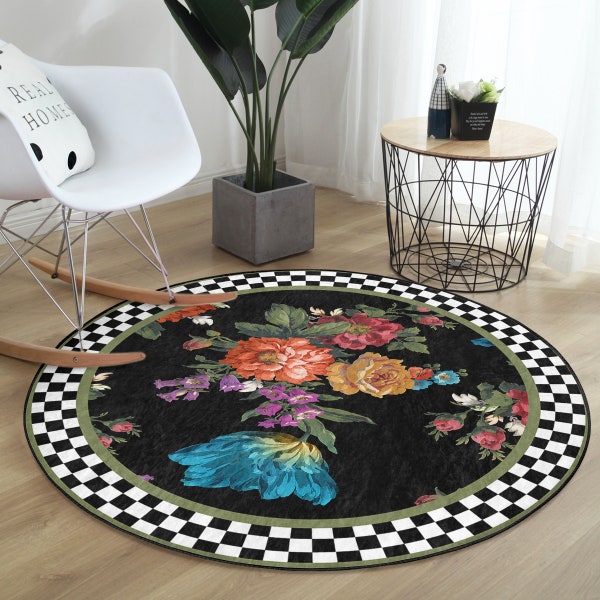 Acrylic Round Rug|Gouache Floor Carpet|Checked Non Slip Circle Rugs|Chequered Rubber Backing Mat|Rose Area Rugs|Black Rug For Sitting Area