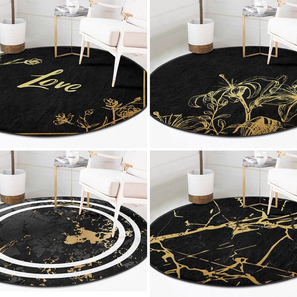 RealHomes Love Round Rug|Plant Floor Carpet|Marmoreal Non Slip Circle Rugs|Flower Anti Slip Mat|Rose Area Rugs|Black Rug For Living Room