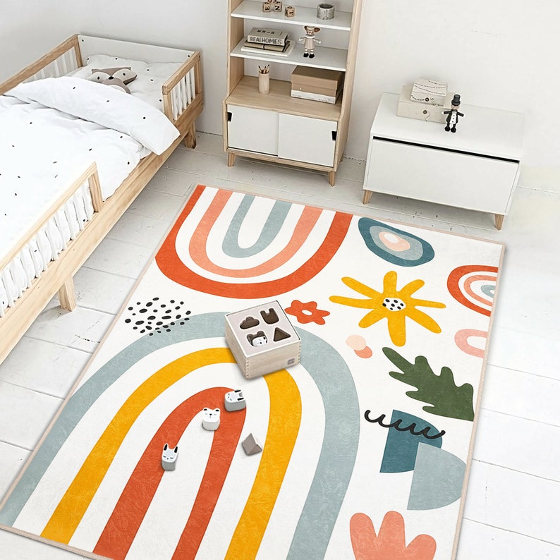 Odd Shapes Newborn RugAbstract Rectangular Toddler CarpetModern Art Nursery RugRainbow Multicolor Infant matAnti Slip Mat for Kid's Room 3
