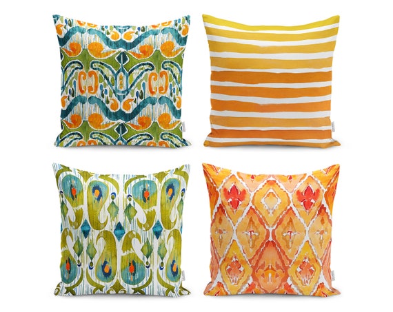 Set of 4 Traditional Pattern Throw Pillow Covers Orange Striped Boho Chic  Decor, 4 Cushion Cover Sets 17x17 19x19 21x21 27x27 Inch 