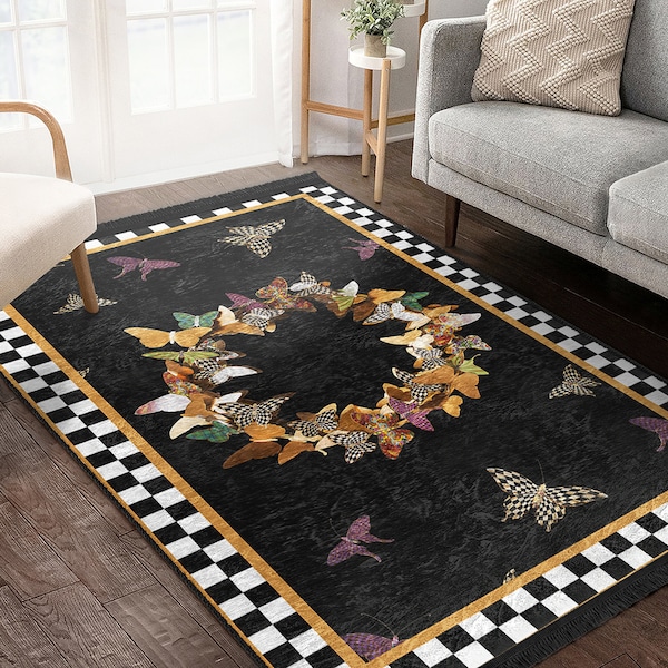 Garland Area Rug|Black Butterfly Runner|Check Non Slip Carpet|Floral Floor Art|Gold Machine Washable Carpet|Vibrant Fringed Mat|Front Porch