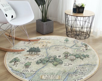 Woodland Round Rug|Pooh Floor Carpet|Forest Non Slip Circle Rugs|Cartoon Rubber Backing Mat|Map Area Rugs|Green Rug For Living Room