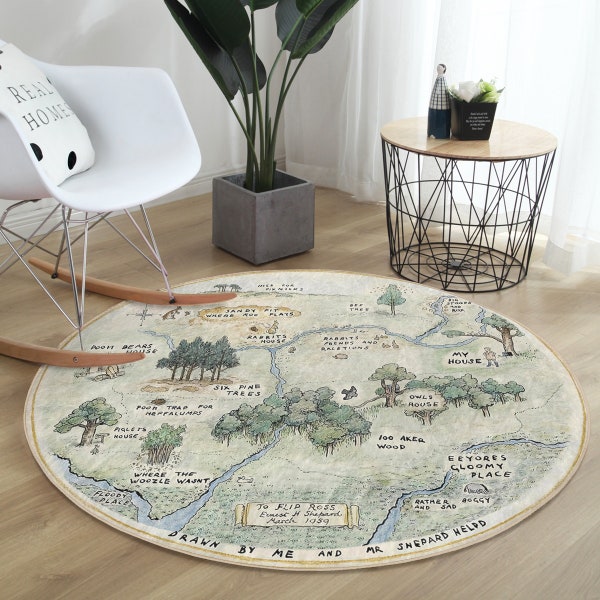 Tapis rond Woodland|Tapis de sol Winnie l'ourson|Tapis ronds antidérapants forestiers|Tapis protecteur en caoutchouc dessin animé|Tapis carte|Tapis vert pour le salon