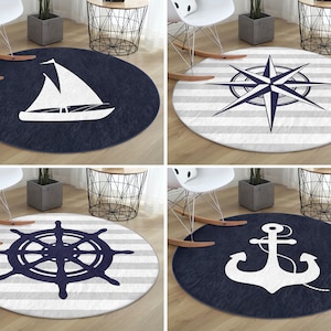 RealHomes Marine Round Rug|Compass Floor Carpet|Wheel Non Slip Circle Rugs|Sailor Anti Slip Mat|Anchor Area Rugs|Blue Rug For Living Room