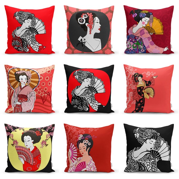 Japan Sensu Asian  Throw Pillow Covers|Chinese Decor Cushion Cover|Red Japanese Pillowcase|Black Kanzashi Gift Ideas Pillow Shams