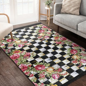 Sketchy Rose Area RugCheckers RunnerGarden Non Slip CarpetChecky Chessboard Floor ArtMachine Washable CarpetBlack Fringed Mat image 1