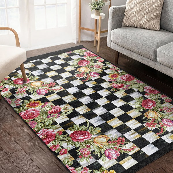 Sketchy Rose Area Rug|Checkers Runner|Garden Non Slip Carpet|Checky Chessboard Floor Art|Machine Washable Carpet|Black Fringed Mat