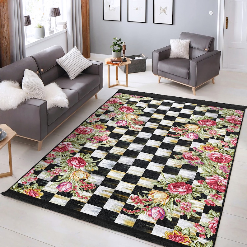 Sketchy Rose Area RugCheckers RunnerGarden Non Slip CarpetChecky Chessboard Floor ArtMachine Washable CarpetBlack Fringed Mat image 2