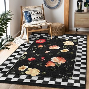 Floral Area Rugblack Checkboard Runnerchecky Non Slip Carpetrose Floor ...