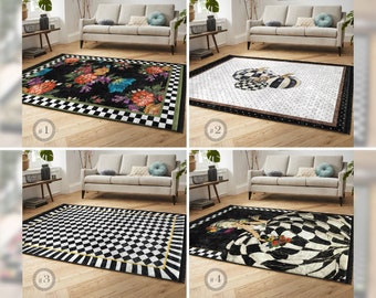 Check Area Rug - Black Floral Carpet - Greek Key Anti Slip Rug - Polka Dot Floor Mat - White Rug For Living Room - Bordered Runner 6x9 Rug