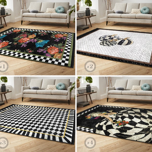 Check Area Rug - Black Floral Carpet - Greek Key Anti Slip Rug - Polka Dot Floor Mat - White Rug For Living Room - Bordered Runner 6x9 Rug