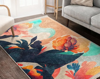 Garden Area Rug|Blue Botanique Rug|Vivid Colorful Non Slip Carpet|Peach Fuzz Rug|Orange Machine Washable Carpet|Pale Apricot Fringed Runner