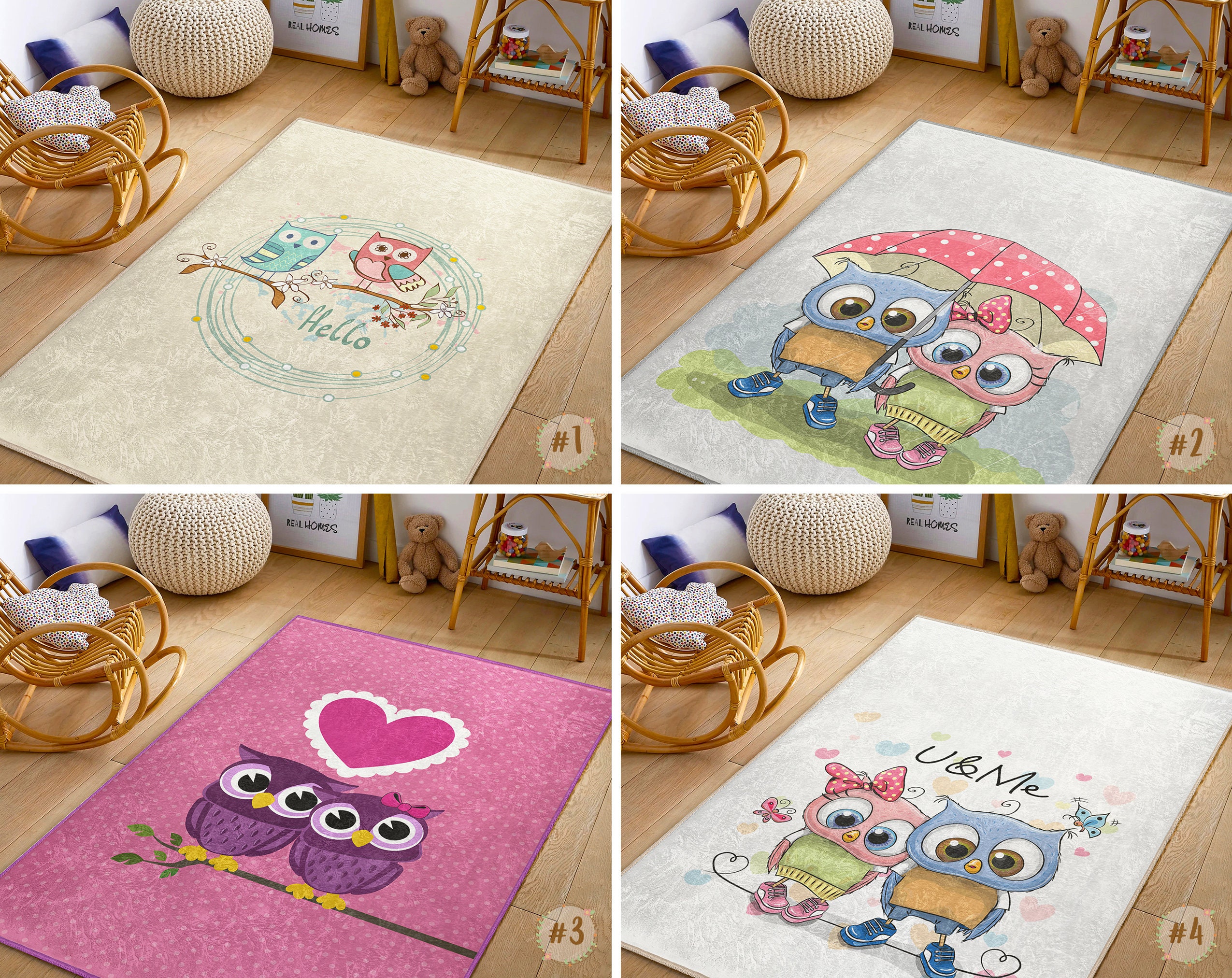 Cute Owl Children Area Rug|Couple Square Toddler Carpet|Love Nursery Baby Rug|Girl Heart Playmat|Non