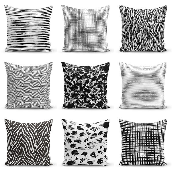 Coups de pinceau Rayés Jeter Housses d’oreiller| Housse de coussin de décor géométrique| Taie d’oreiller Zebra noire| Oreiller cadeau Frienship cubique gris Shams