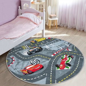 Cars Nursery Rug|Cartoon Playmat for Kids Room|Race Toddler Round Carpet|Track Non Slip Activity Rug|Formula Playroom Rug|Gray Daycare Mat