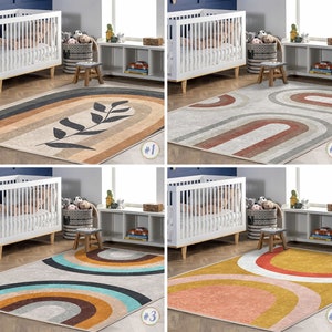 Rustic Newborn Rug|Plant Leaf Rectangular Toddler Carpet|Rainbow Nursery Rug|Mid Century Minimalism Infant mat|Anti Slip Mat for Kid's Room