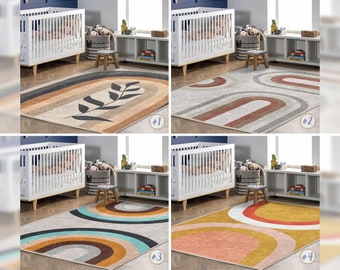 Rustic Newborn Rug|Plant Leaf Rectangular Toddler Carpet|Rainbow Nursery Rug|Mid Century Minimalism Infant mat|Anti Slip Mat for Kid's Room