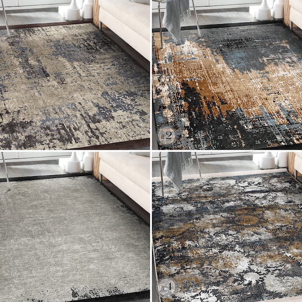 Distressed Area Rug - Blue Overdyed Carpet - Transitional Anti Slip Rug - Canvas Floor Mat - Gray Rug For Living Room - Antique Runner