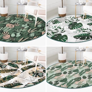 RealHomes Tropical Round Rug|Exotic Floor Carpet|Forest Non Slip Circle Rugs|Monstera Anti Slip Mat|Leaf Area Rugs|Green Rug For Living Room