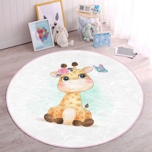 Tapis pour chambre d'enfant girafe|Tapis de jeu tacheté pour chambre d'enfants|Tapis rond avec animaux pour tout-petits|Adorable tapis antidérapant pour activité|Tapis de salle de jeu pour bébé|Tapis de garderie