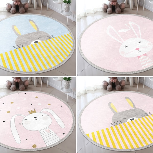 Bunny Round Rug|Prince Circle Rug With Tassels|Cute Floor Carpet With Fringe|Infant Non Slip Mat|Blue Kid Anti Slip Rug for Nursery Room