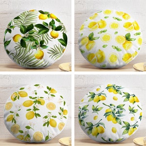 Set of 4 Lemon Pattern Round Pillow Covers - Tropical Pattern Circle Pillowcase, Neutral 4 Cushion Cover Set - 17x17 - 19x19 - 21x21 - 27x27