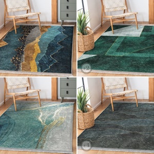 Navy Area Rug - Green Vibrant Carpet - Contemporary Anti Slip Rug - Marble Floor Mat - Blue Rug For Living Room - Glammy Runner