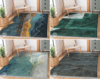 Navy Area Rug - Green Vibrant Carpet - Contemporary Anti Slip Rug - Marble Floor Mat - Blue Rug For Living Room - Glammy Runner