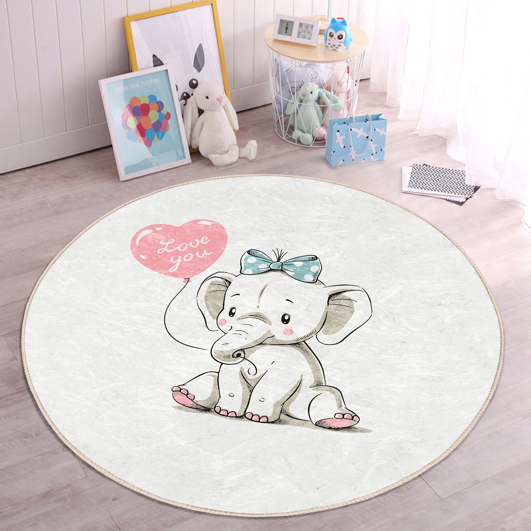 Elephant Nursery Ruglove You Playmat for Kids Roombaloon Toddler Round