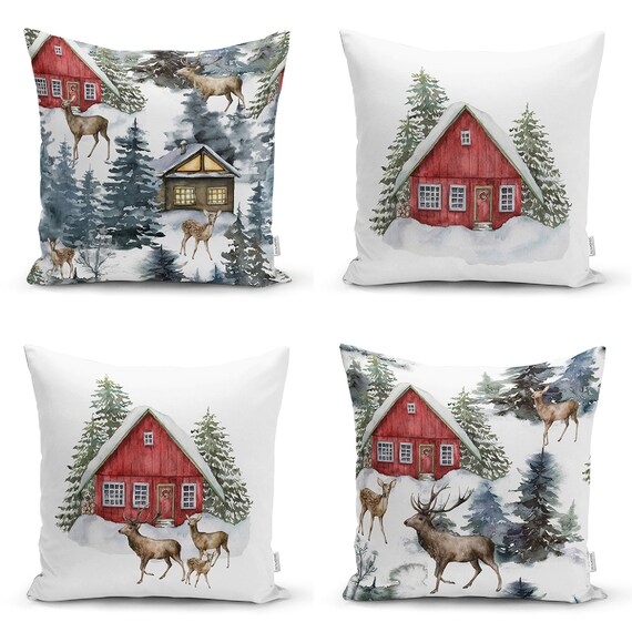 Set of 4 Winter Pattern Throw Pillow Covers Bungalow Deer House