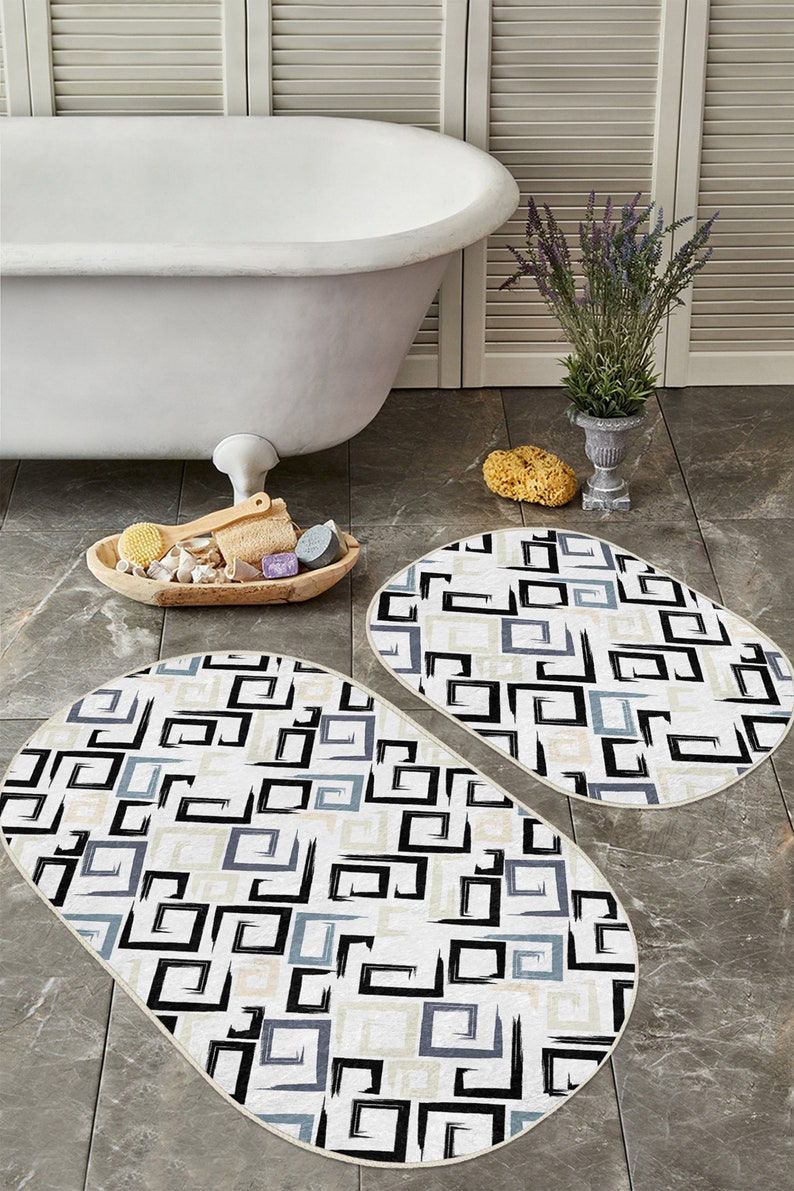 Geometric Bath Rug Setmid Century Anti Slip Floor Matmarble Etsy