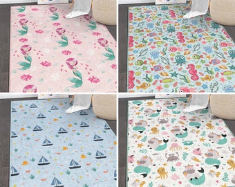 Mermaid Activity Rug|SeaDesign Trendy Carpet|Ocean Nursery Rug|Sailing Octopus Playmat|Non Slip Mat for Kid's Room