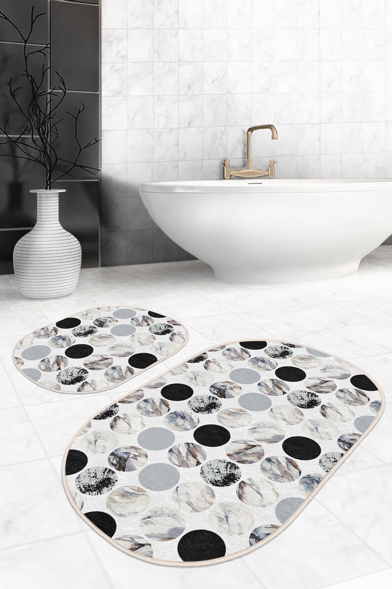 Geometric Bath Rug Setmid Century Anti Slip Floor Matmarble Etsy