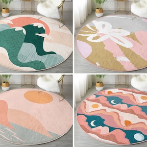 Tapis rond abstrait RealHomes| Tapis de sol élégant| Tapis Boho Anti Slip Circle| Tapis antidérapant Boho| Tapis de zone marine| Tapis rose pour salon