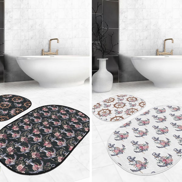 Set of 2 Anchor Bath Rug|Wheel Anti Slip Floor Mat|Rose Black Non Slip Door Carpet|Floral Pure Machine Washable Rug For Bathroom