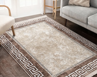 Fret Area Rug|Neoclassical Runner|Meander Non Slip Carpet|Ancient Greek Key Floor Art|Machine Washable Carpet|Beige Fringed Mat