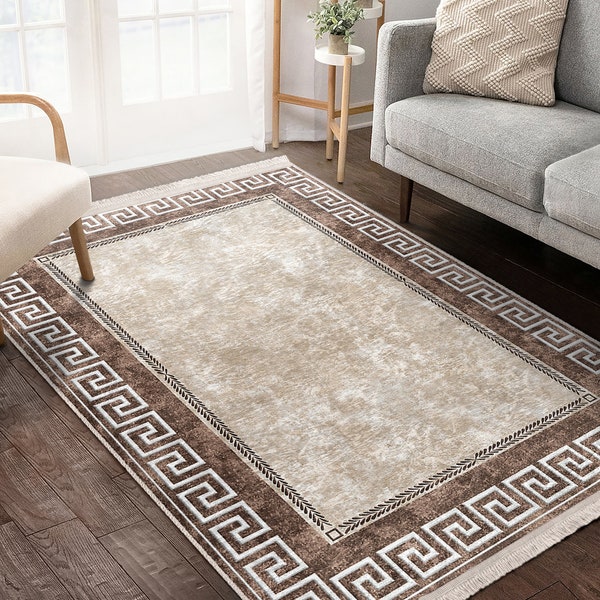 Fret Area Rug|Neoclassical Runner|Meander Non Slip Carpet|Ancient Greek Key Floor Art|Machine Washable Carpet|Beige Fringed Mat