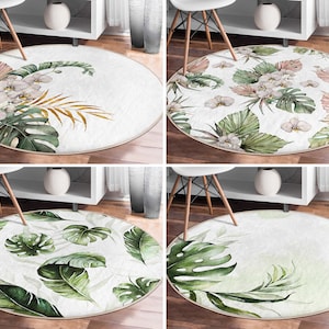 RealHomes Monsttera Round Rug|Tropical Floor Carpet|Leaf Non Slip Circle Rugs|Plant Anti Slip Mat|Exotic Area Rugs|White Rug For Living Room