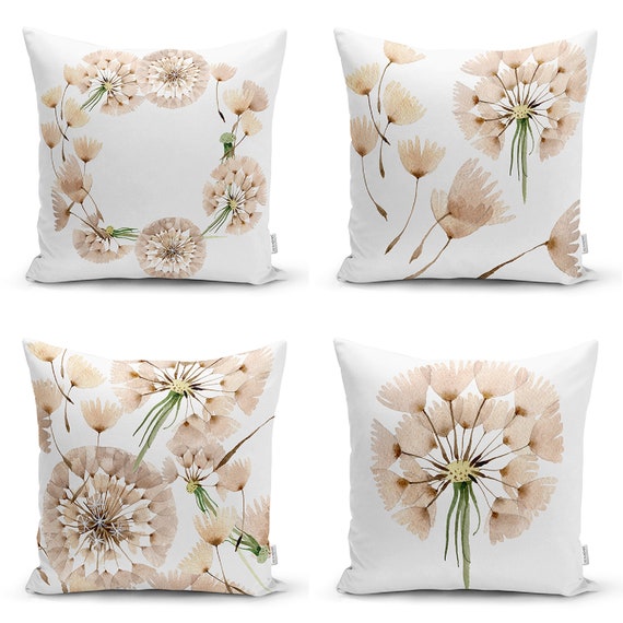 Set of 4 Plant Pattern Throw Pillow Covers Dandelion Sofa Bed Decor , Plain  Square 4 Cushion Cover Sets 17x17 19x19 21x21 