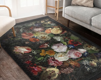 Alfombra gótica/camino floral/alfombra antideslizante damasco/arte de piso oscuro rosa/alfombra lavable a máquina/alfombra con flecos negros