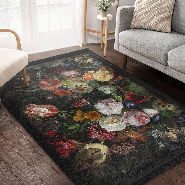 Gothic Area Rug|Floral Runner|Damask Non Slip Carpet|Rose Dark Floor Art|Machine Washable Carpet|Black Fringed Mat
