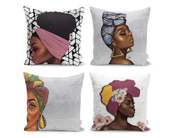 Juego de 4 mujeres africanas lanzan fundas de almohada - Black Woman Bandanna Flower Pattern, 4 Cushion Cover Sets - (17x17 - 19x19 - 21x21 - 27x27)