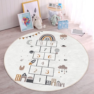 Hopscotch Nursery Rug|Rainbow Playmat for Kids Room|Apollo Toddler Round Carpet|Rabbit Non Slip Activity Rug|Cloud Playroom Rug|Daycare Mat