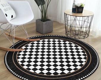 Checked Round Rug|Checkers Carpet|Chessboard Non Slip Circle Rugs|Geometric Rubber Backing Mat|Checky Area Rugs|Black Rug For Living Room
