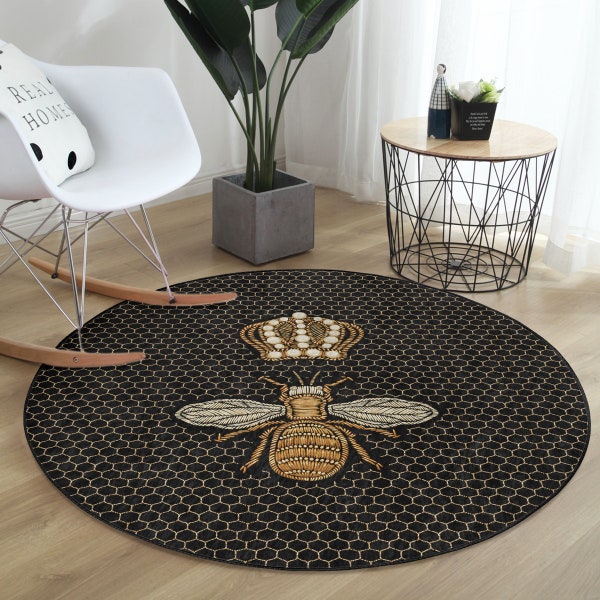 Honeycomb Round Rug|Bee Floor Carpet|Crown Rugs|Geometrical Rubber Backing Mat|Embroidered Pattern Area Rugs|Black Rug For Dining Room