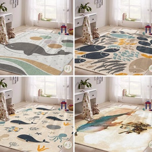 Whale Adventure Newborn Rug|Crab Rectangular Toddler Carpet|Fish Nursery Rug|Octopus Coral Infant mat|Anti Slip Mat for Kid's Room