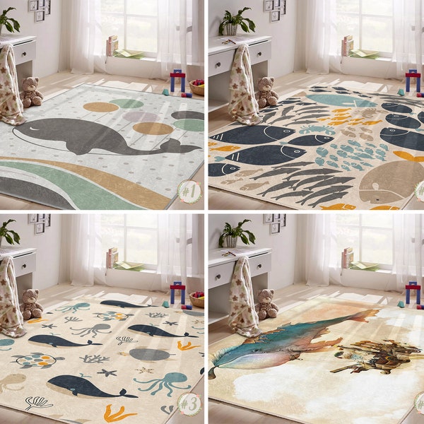 Tapis nouveau-né Whale Adventure|Tapis rectangulaire pour tout-petits crabe|Tapis pour chambre de bébé poissons|Tapis pour bébé corail pieuvre|Tapis antidérapant pour chambre d'enfant